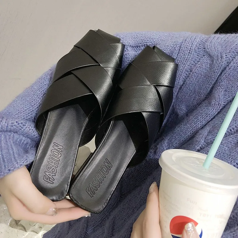 Женские летние вязаные кожаные шлепанцы SLHJC сандалии на низком квадратном