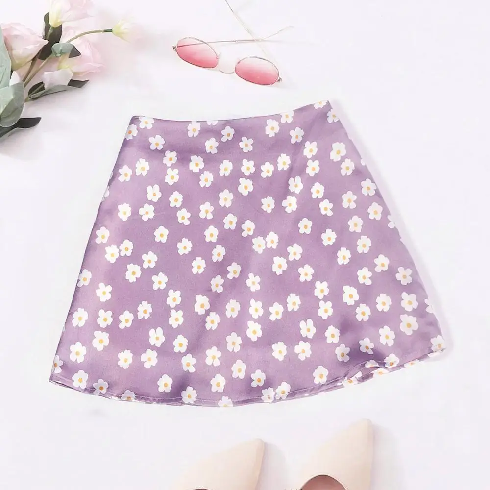 

Short Skirt Elegant Boho Skirts Womens Autumn Flower High Waist Floral Satin Kawaii Skirts Women Summer Pink Skirt A Line