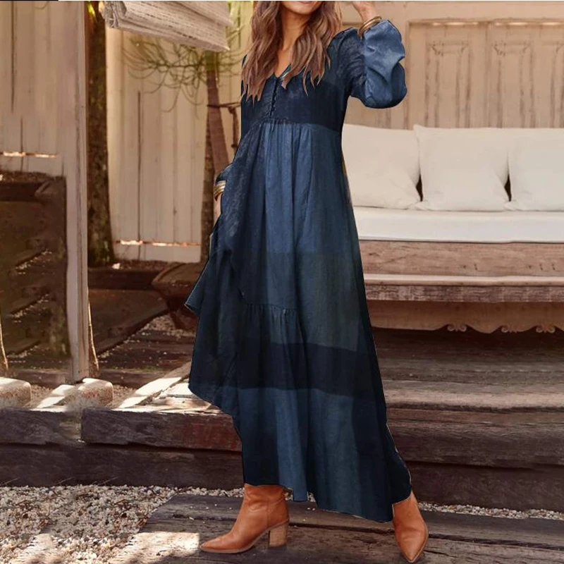 

2021 Women Elegant V-Neck Puff Long Sleeve Maxi Party Dress Fahsion Vintage Plaid Loose A-Line Dresses Female Casual Vestidos