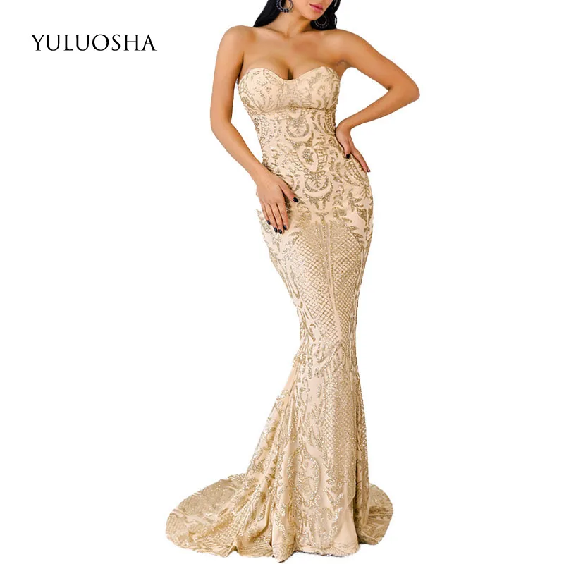YULUOSHA сексуальное элегантное вечернее платье без бретелек рукавов с вырезом на