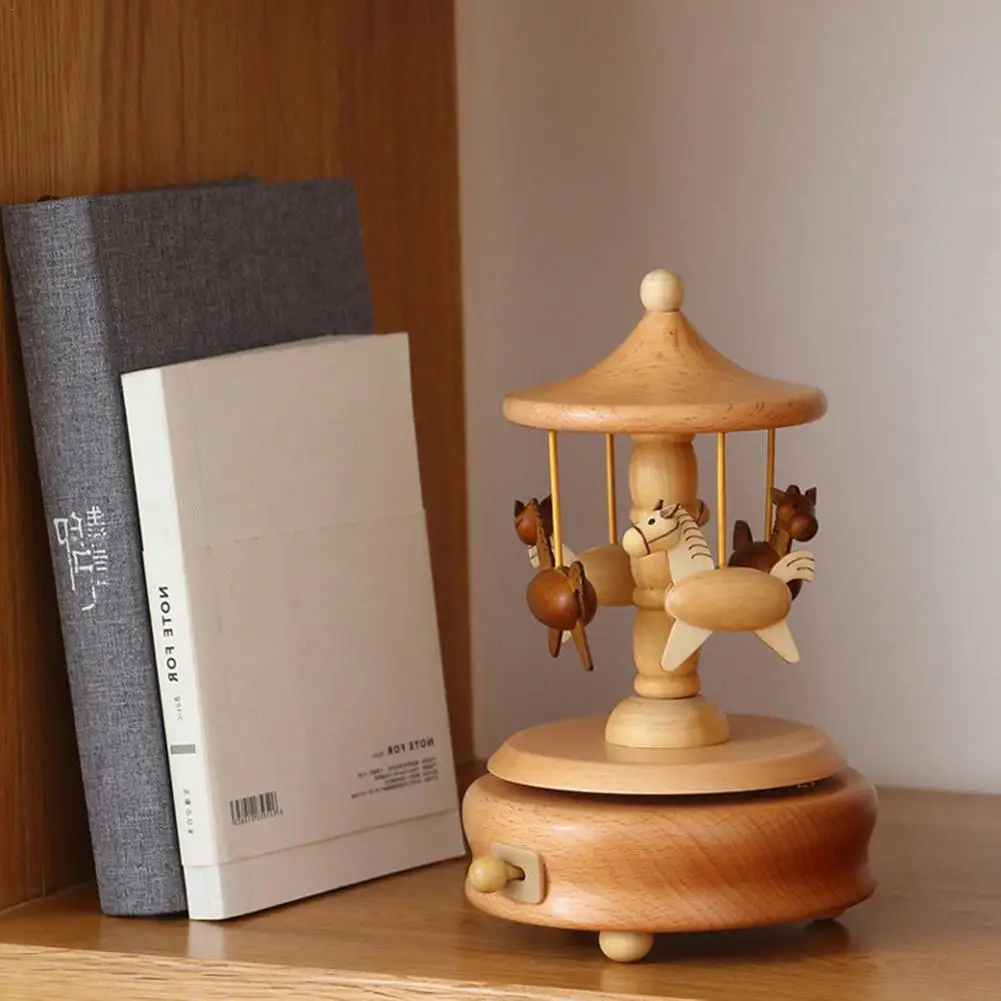 

Kawaii Zakka Carousel Musical Boxes Wooden Music Box Wood Crafts Retro Birthday Gift Vintage Home Decoration Accessories