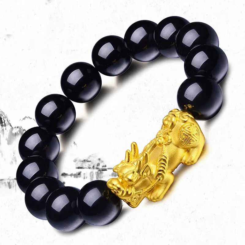 NEW Pure 24K Yellow Gold Bracelet 19*9*8mm 3D Bless Pixiu Link Black Agate Bead For Men