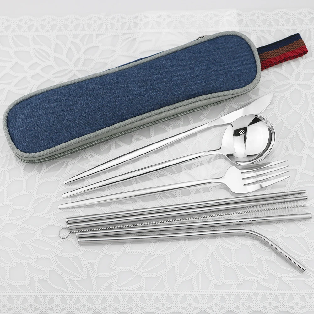 Портативный дорожный набор посуды черного цвета вилка нож ложка столовых