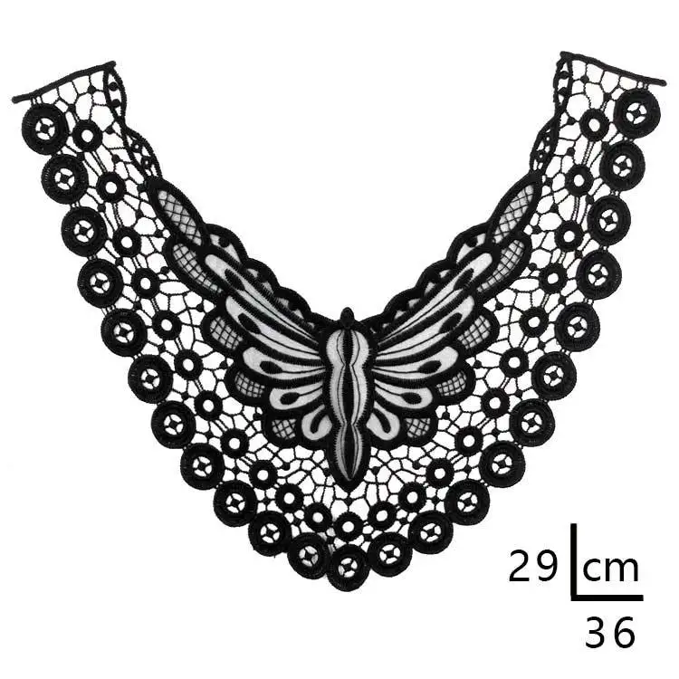 Черный хлопок Вышивка Цветы Кружева аппликация декольте Воротник отделка