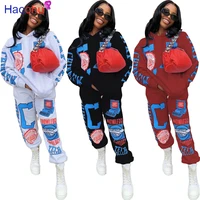 haoohu activewear letter graffiti womens set hooded sweatshirt jogger pant set sporty tracksuit fitness two piece set outfits