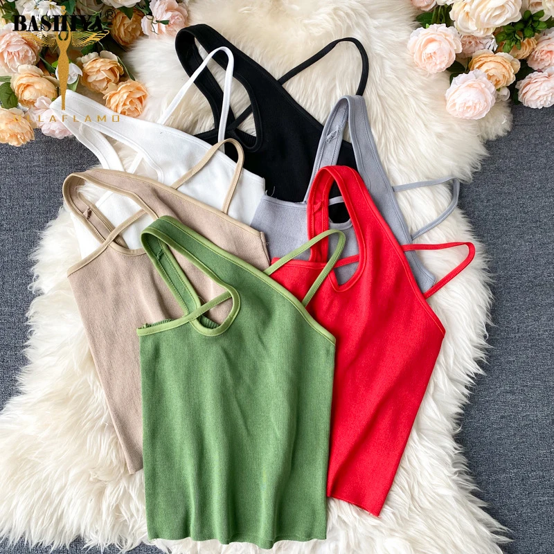 

Sexy Cross Slim Female Camisole Summer Hollow Out Streetwear Sleeveless Crop Top Solid Color Cotton Basic Women Camisole 2021
