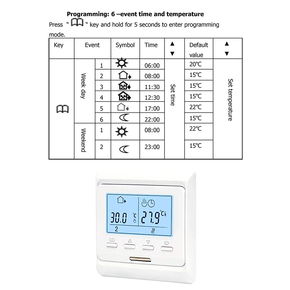 Программируемый термостат с подсветкой ЖК сенсорный экран 6-месячный