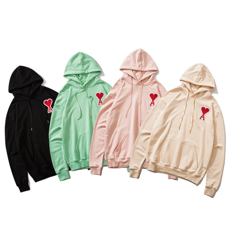 

AMI Women Hooded Long Sleeve Cotton Hoodie Sweatshirt Red Embroidered Heart 2021 New Top Fashion Spring