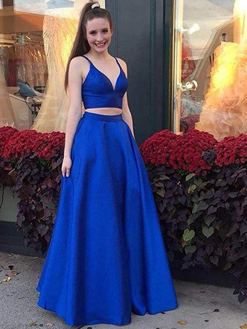 2019 New Sexy V Neck Two Piece Evening Dress Floor Length Prom Dress Elegant Backless Girls Formal Party Gown