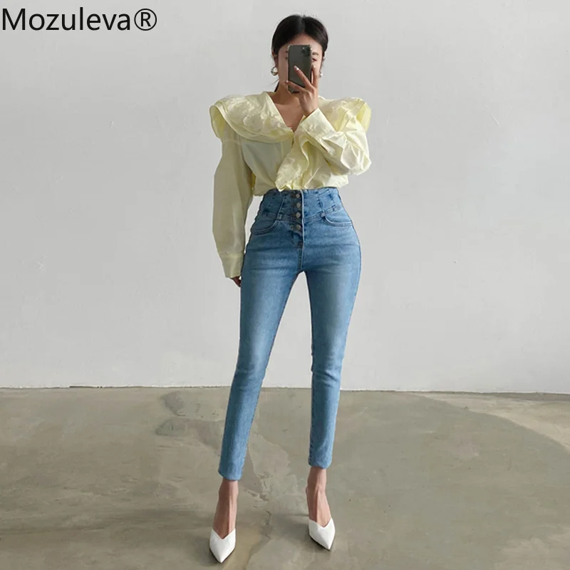 Осенние винтажные однобортные женские джинсовые капри из денима с высокой