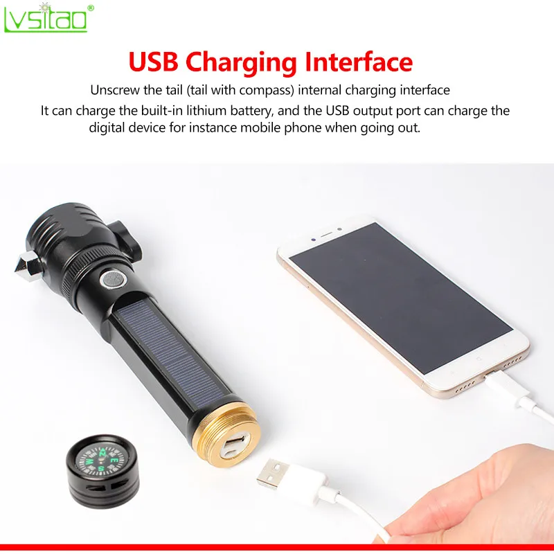 Pаспродажа Светодиодные фонарики на солнечной батарее/USB-зарядка, наружное освещение, фонарик, лампа, мульти-инструменты, ремешок, резак, молоток, фонар...