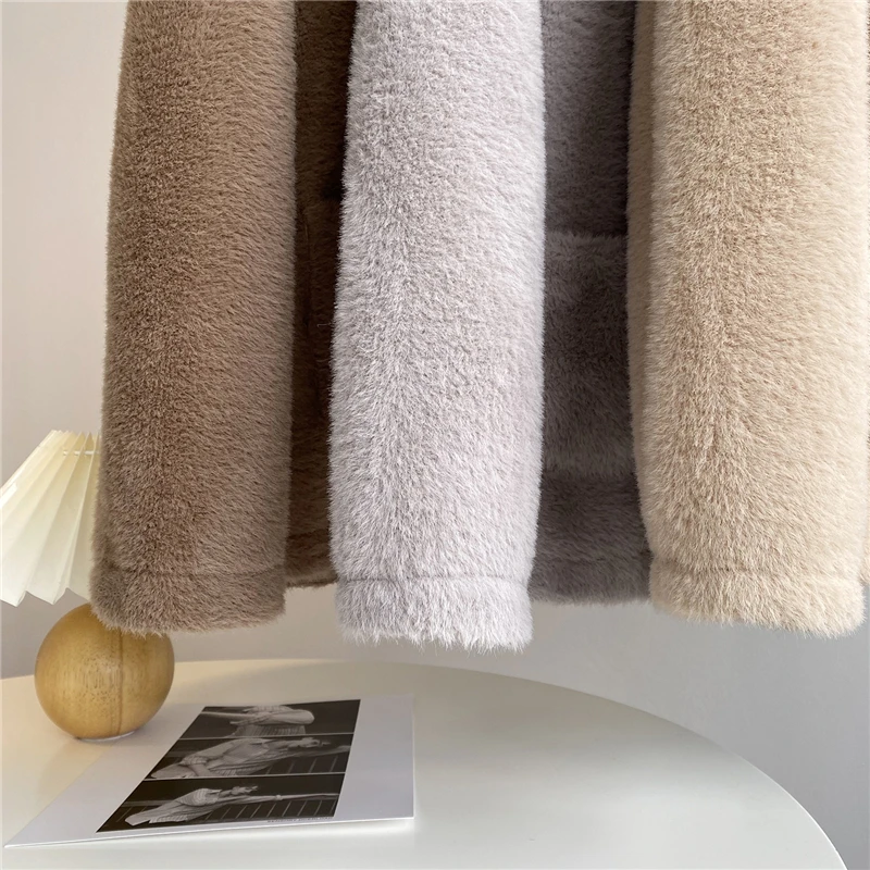 

NEW Winter V-Neck Faux Wool Jacket Coat Women Fashion Korean Single Breasted Coat Female Office Lady Outwear Overcoat Femme K247