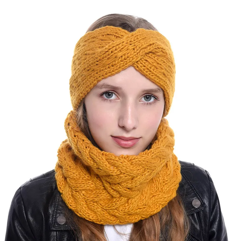 Шерстяная Вязаная Толстая зимняя женская повязка на голову, набор колец, шапка, шапка, шарф, шея, теплые уличные модные аксессуары