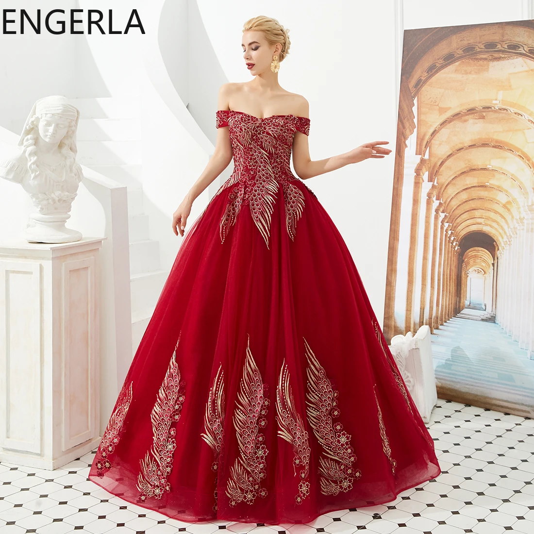 Новинка 2021 элегантное красное вечернее платье с золотой вышивкой А-силуэта в пол