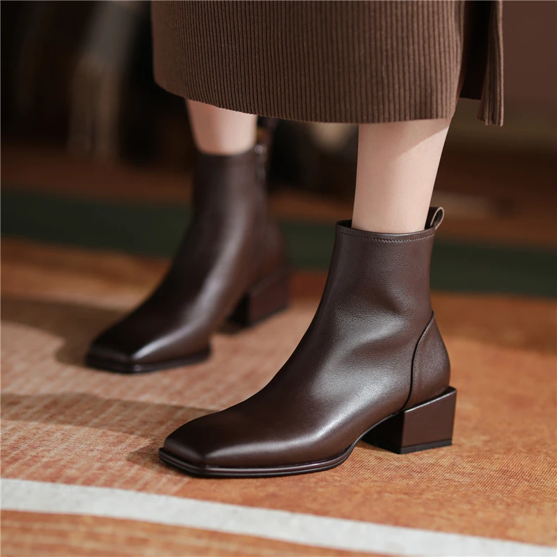 

VERCONAS Women Ankle Boots Fashion Concise Genuine Leather Office Lady Casual Square Toe Thick Heels Zip Shoes Woman Autumn New