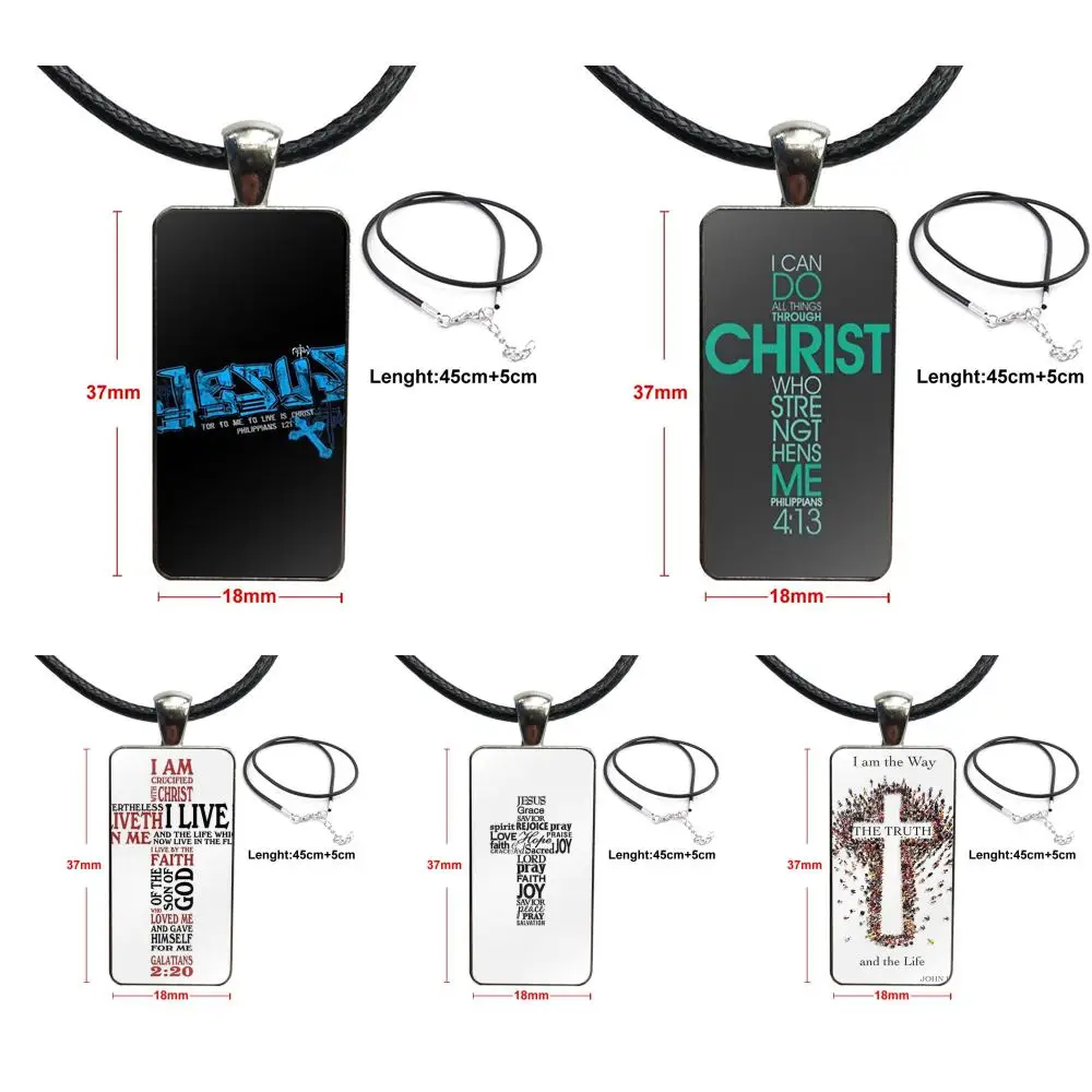 For Women Kids Gift Bible Verse Christian Cross Jesus Design Fashion Vintage Glass Women Rectangle Necklace Pendants