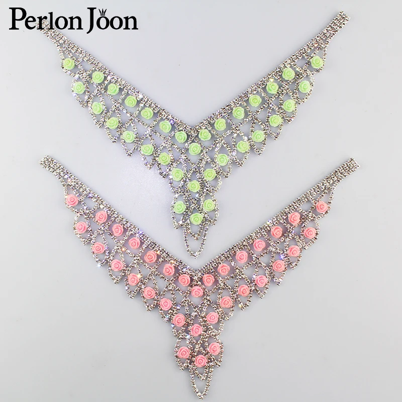 1 шт. цветной цветок розы V образный вырез Стразы нашивка с кристаллами воротник