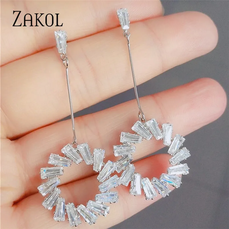 White Color ZAKOL New Arrival Fashion Baguette CZ Zircon Round Circle Dangle Earrings for Women Bridal Wedding Jewelry Accessories AAEP042 - Окраска металла: White Color