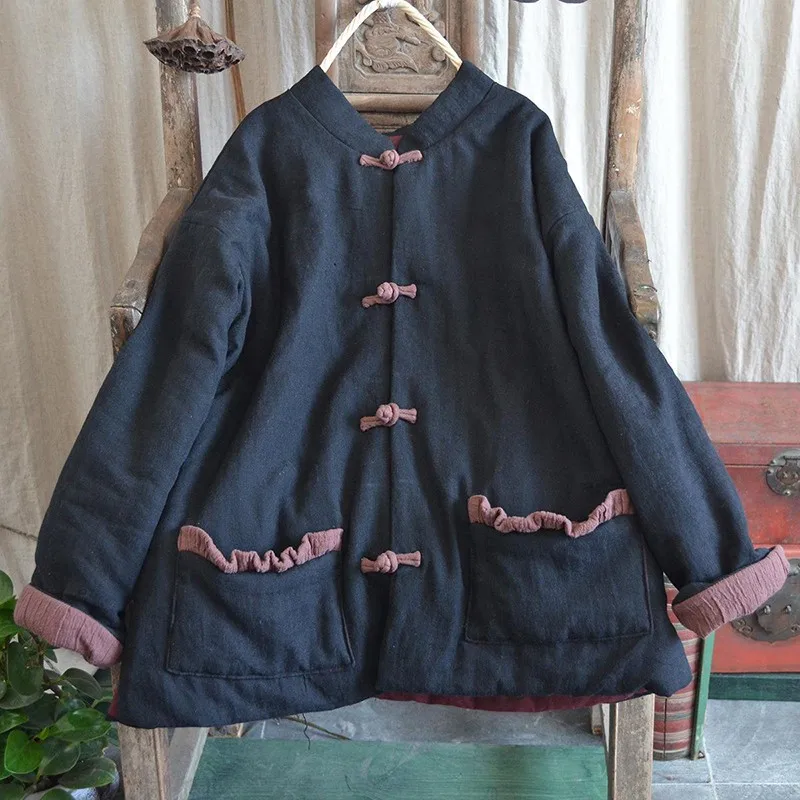 Женское однобортное пальто из хлопка и льна повседневное свободное теплое с