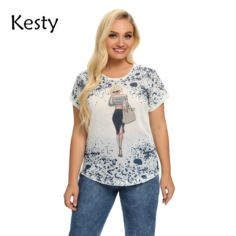 

KESTY Women's Plus Size Blouse Sequined Character Pattern Short-Sleeved Round Neck Casual Summer New T-shirt