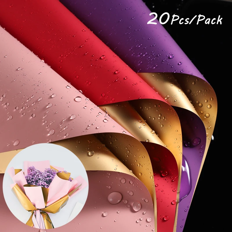 Çift taraflı altın çiçek ambalaj kağıdı su geçirmez hediye paketleme çiçekçi buket sarar, 20 sayfa 23.6X23.6 inç