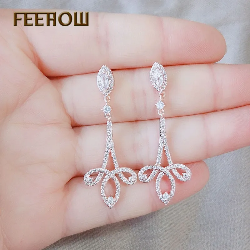 Женские серьги подвески FEEHOW длинные с большим листом и фианитом в этническом