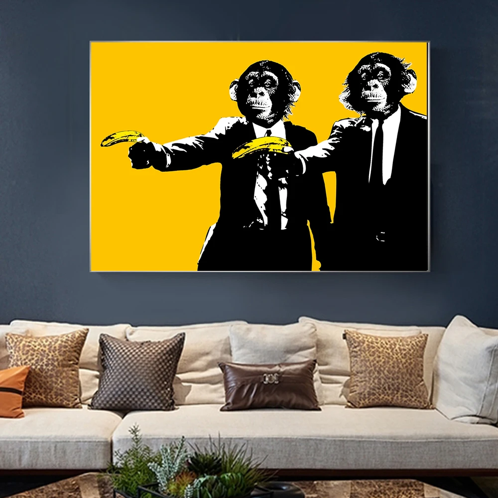 

Orangutan Monkey Art Canvas Print Painting Gorilla Holding Banana Animal Funny Modern Yellow Wall Picture Home Decoration Poster