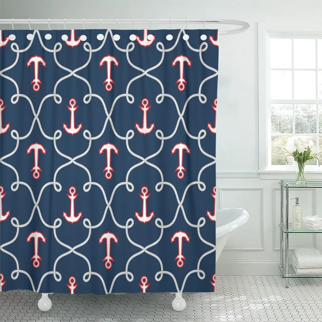 Navy Anchor Sea Pattern Marine Blue Sailboat Boat Baby Shower Curtain Waterproof Polyester Fabric 72 x 78 inches Set with Hooks |
