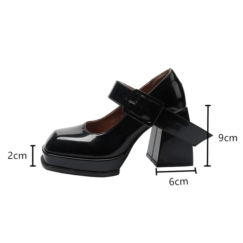 

Rimocy Fashion Square Toe Mary Jane Platform Shoes Women Black Ankle Strap High Heels Pumps Woman Patent Leather Chunky Shoes