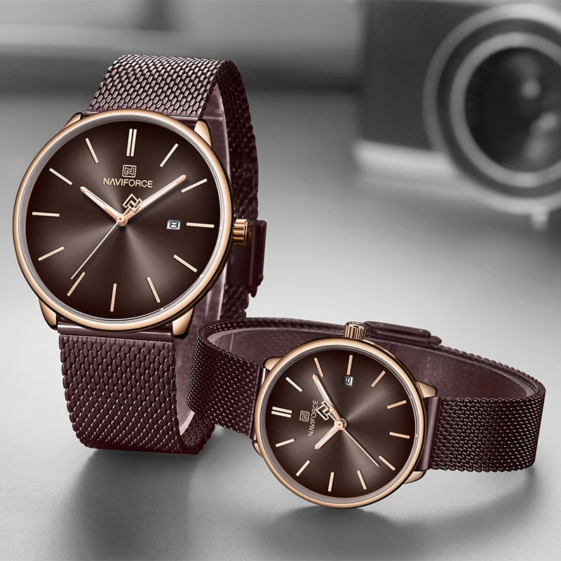 Часы NAVIFORCE наручные для влюбленных пар модные повседневные стальные с сетчатым