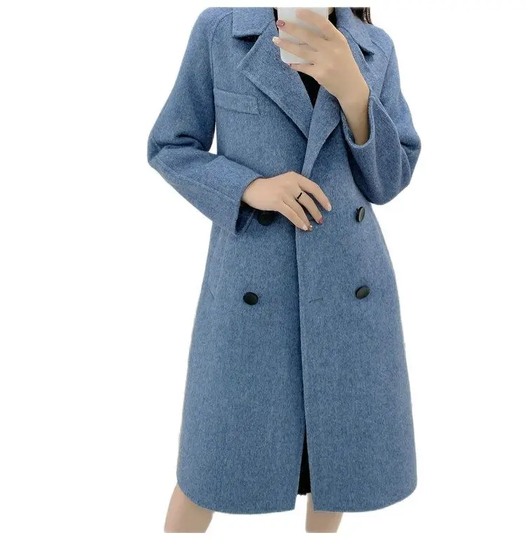

Haze blue herringbone double sided cashmere coat women's fall winter 2020 double breasted woolen woolen coat long winter coats