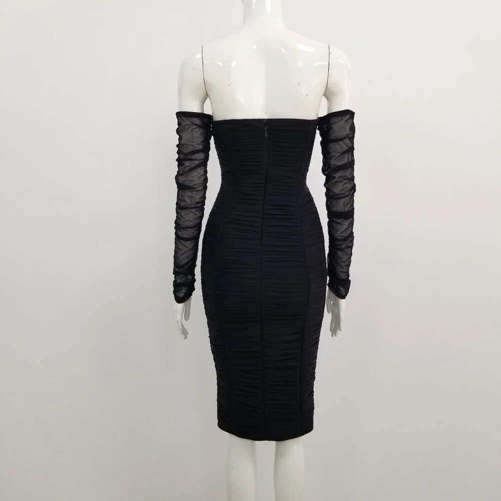 

Sale New Sexy Women Off the Shoulder Mesh Ruched Long Sleeve Black Bandage Dress 2021 Bodycon Evening Club Party Dress Vestido