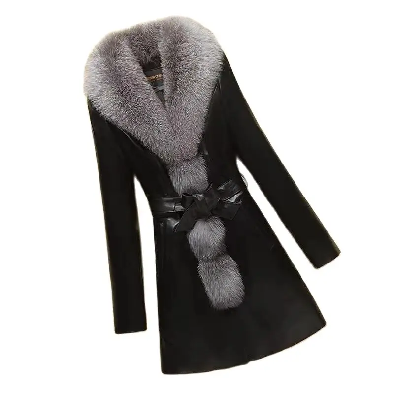 Женская кожаная куртка средней длины пальто из искусственной кожи с воротником