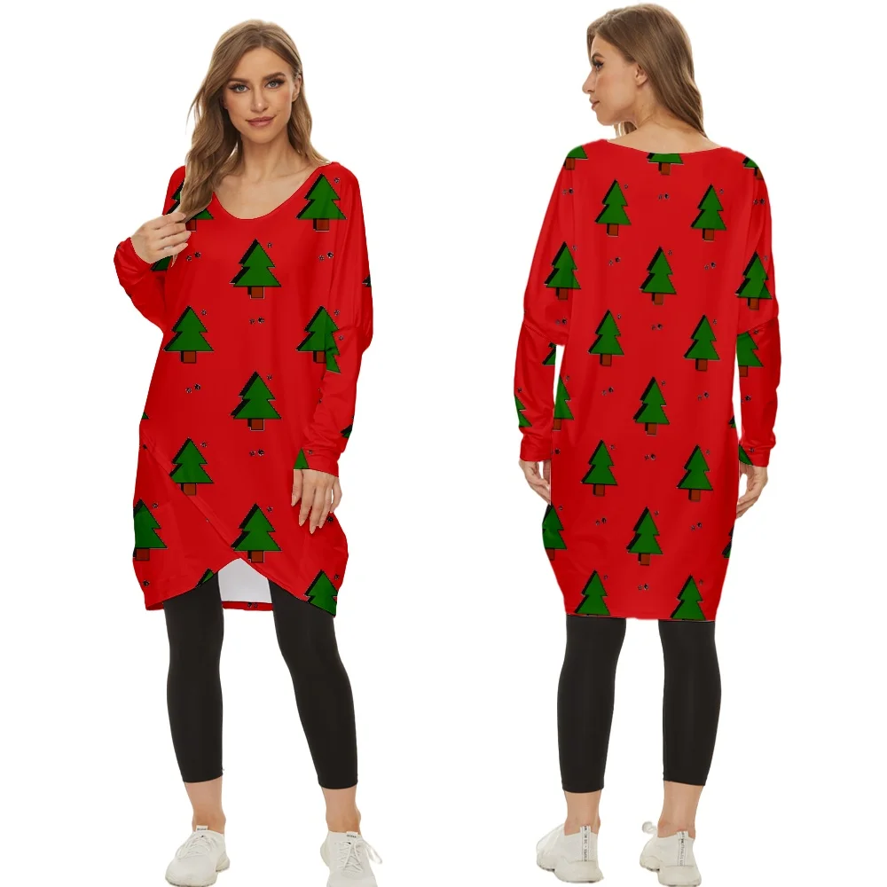 

Женская одежда, длинная футболка с рождественским принтом, женская футболка с V-образным вырезом и длинным разрезом, повседневные топы, футб...