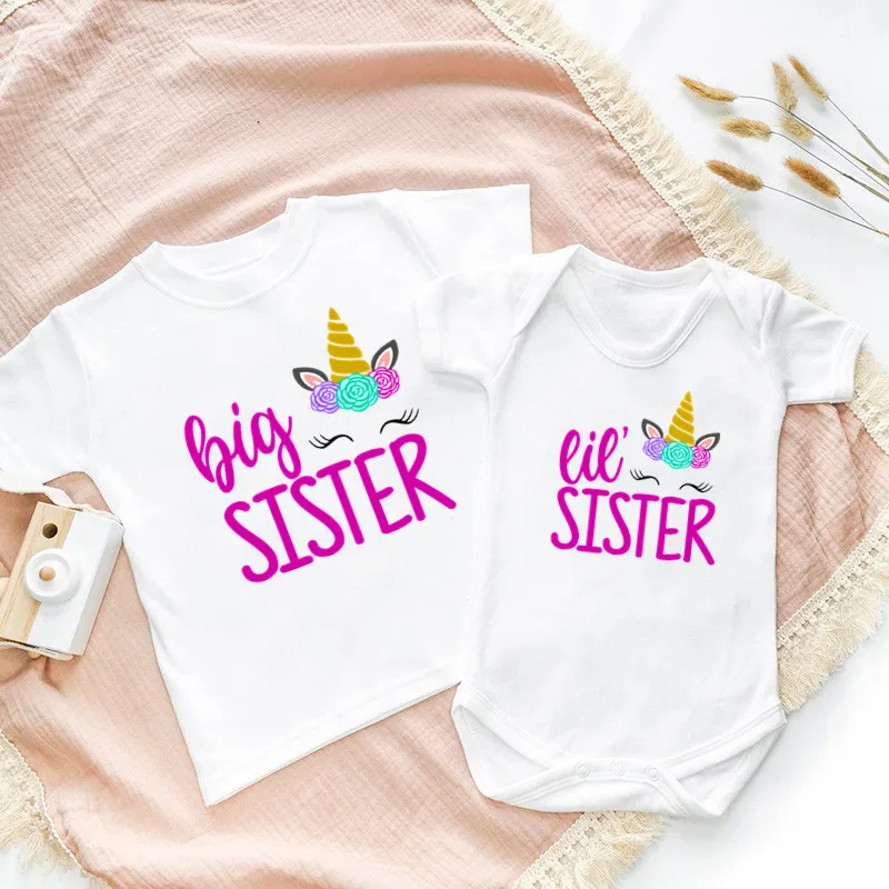 

Big Sister Little Sister Family Matching Outfits Clothes Cartoon Unicorn Print Kids T-shirts Girls T shirt Toddler Baby Rompers