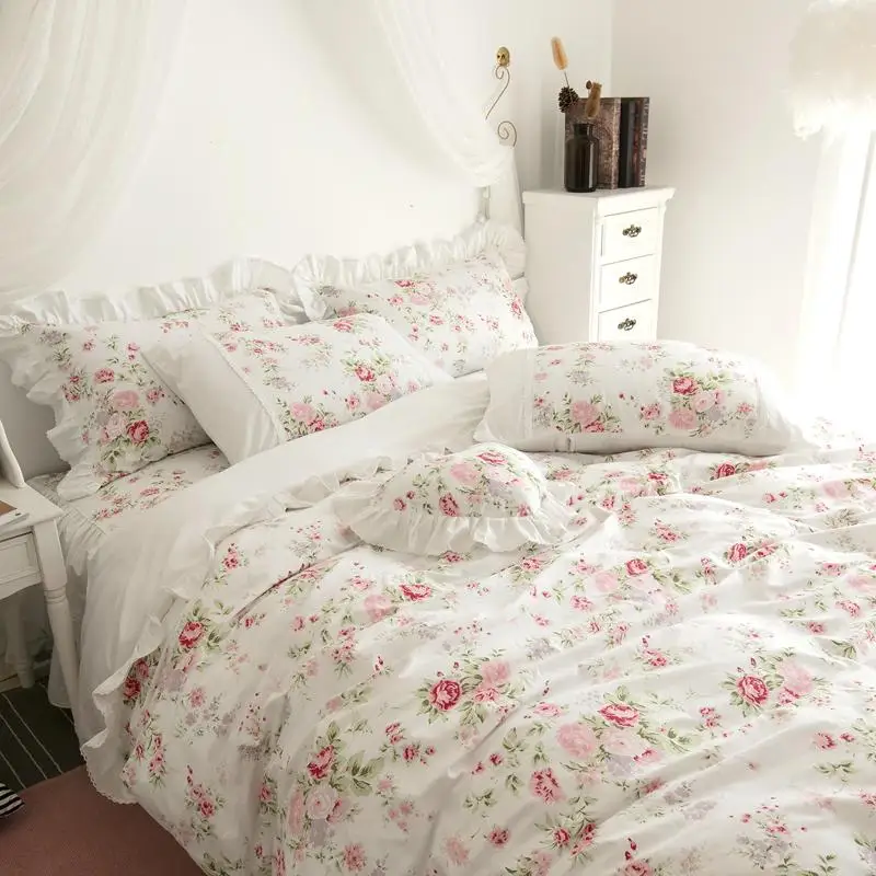 

Комплект постельного белья для девочек, из 100% хлопка, белого, розового цветов, размер Twin Queen, King, пододеяльник, простыня, юбка, льняная наволоч...