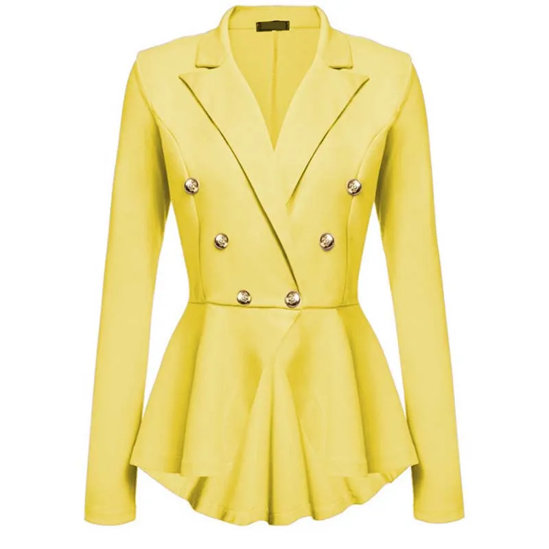 

New Women Slim Fit Suit Ruffled Blazer Coat Double Row Metal Buckle Long Sleeve Jackets Elegant Female White Black Pink Autumn