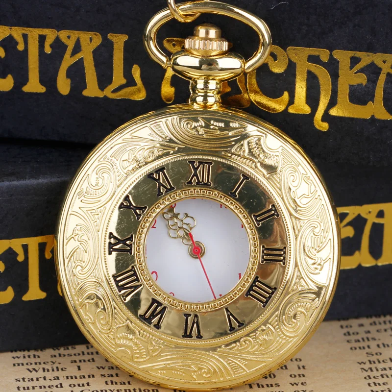 

Golden Double Display Roman Numerals Quartz Pocket Watch Steampunk Unisex Best Departure