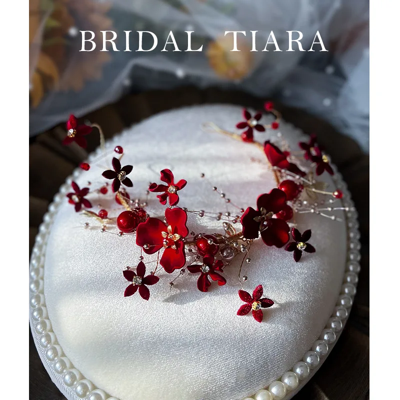 

Red Flowers Headband Hairpins Clip Earring with Tassel Set Handmade Chinese Style Hairband Bridal Wedding Hair Accessor 2021 New