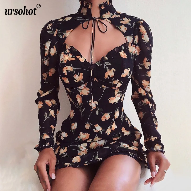 Ursohot осеннее элегантное женское платье с принтом Облегающая водолазка женские