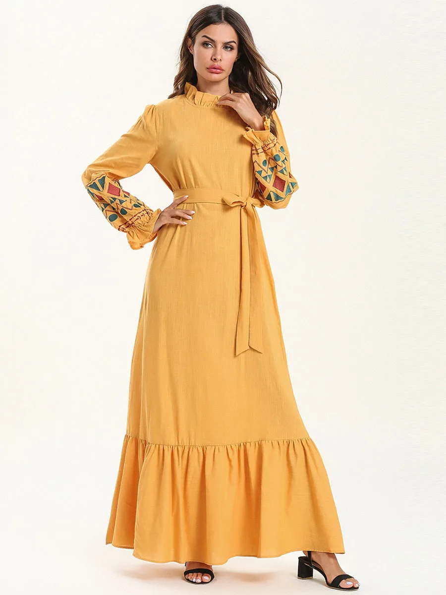 Дубай мусульманское абайя платье женская мусульманская одежда печати листьев