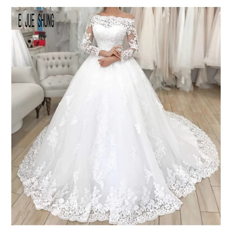 

E JUE SHUNG New Long Sleeve Vintage Wedding Dresses Off Shoulder Lace Up Back Appliques Wedding Bridal Gowns Vestido De Noiva