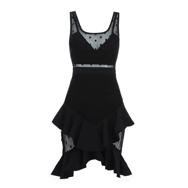 

INDRESSME 2019 New Fashion Sexy Women Strap Ruffle Sleeveless O Neck Backless Mesh Lace Mini Bandage Dress Party Club Sexy Dress