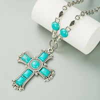 trendy bohemia big cross pendant green stone long chain boho necklace for women female vintage pendant necklace