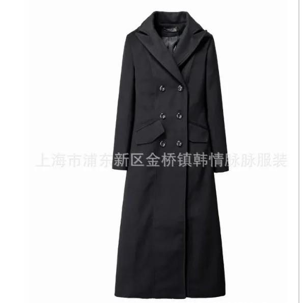 Европейская мода женское черное шерстяное пальто с лацканами Тонкий двубортный