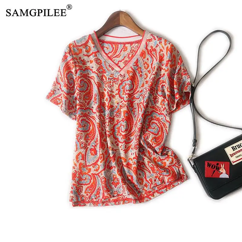 

Women T-shirt 2021 Office Lady Chiffon Plus Size Women Tshirts Short Sleeve Print O-neck Tshirt Oversize Women Summer T-shirts
