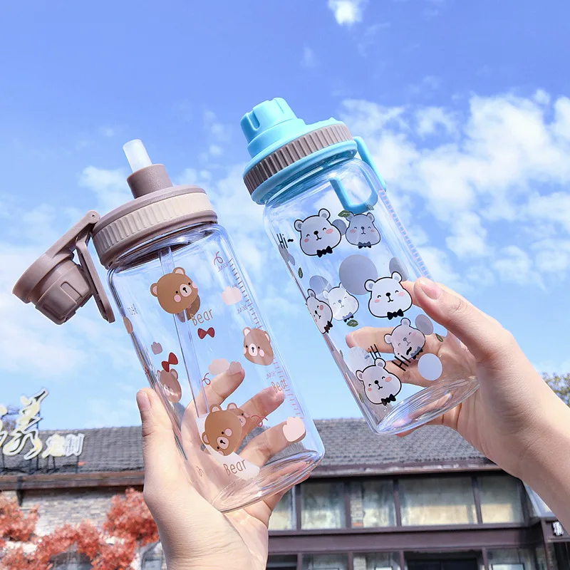 

Water bottle cute bear pattern with scale student outdoor sports creative fun portable leak-proof straw transparent glass