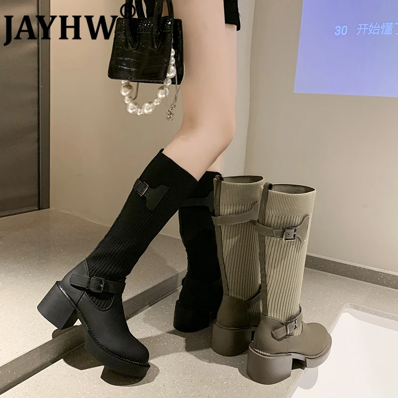 

JAYHW Autumn Women'S Knitting Sock Long Boots Platform Stretch Fabric Ankle Buckle High Top Boots Fashion Woman Knight Boots