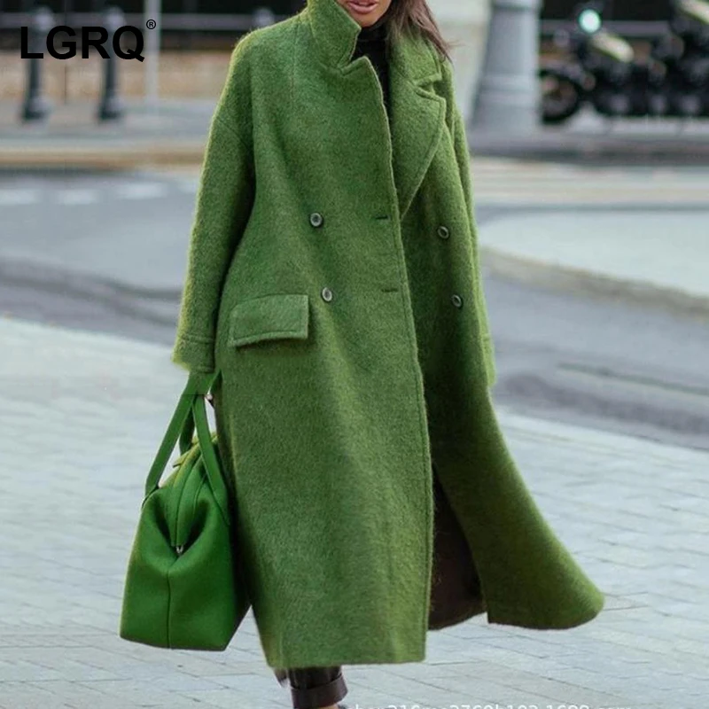

[LGRQ] Green Double Breasted Woolen Coat Parkas New Long Sleeve Women loose casual Fashion Tide Autumn Winter 2021 19D5301