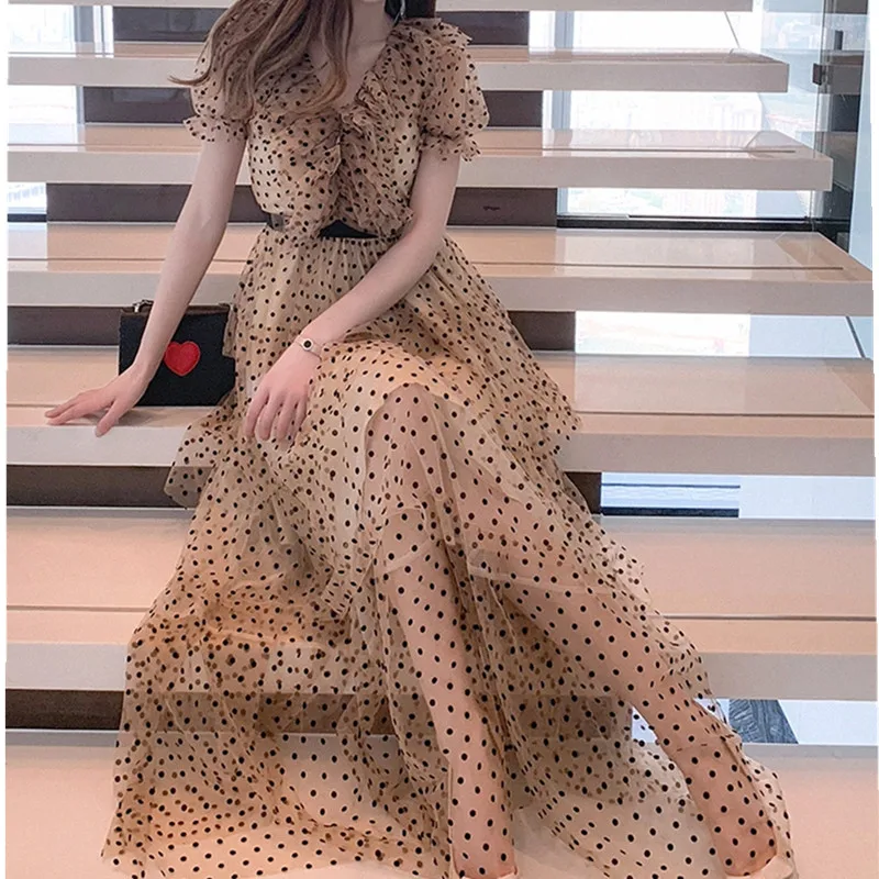 

SMTHMA 2022 High Quality New Arrival Runway Dot Party Birthday Dresses Vintage Summer V Neck Tulle Layered Ruffles Vestido Robes